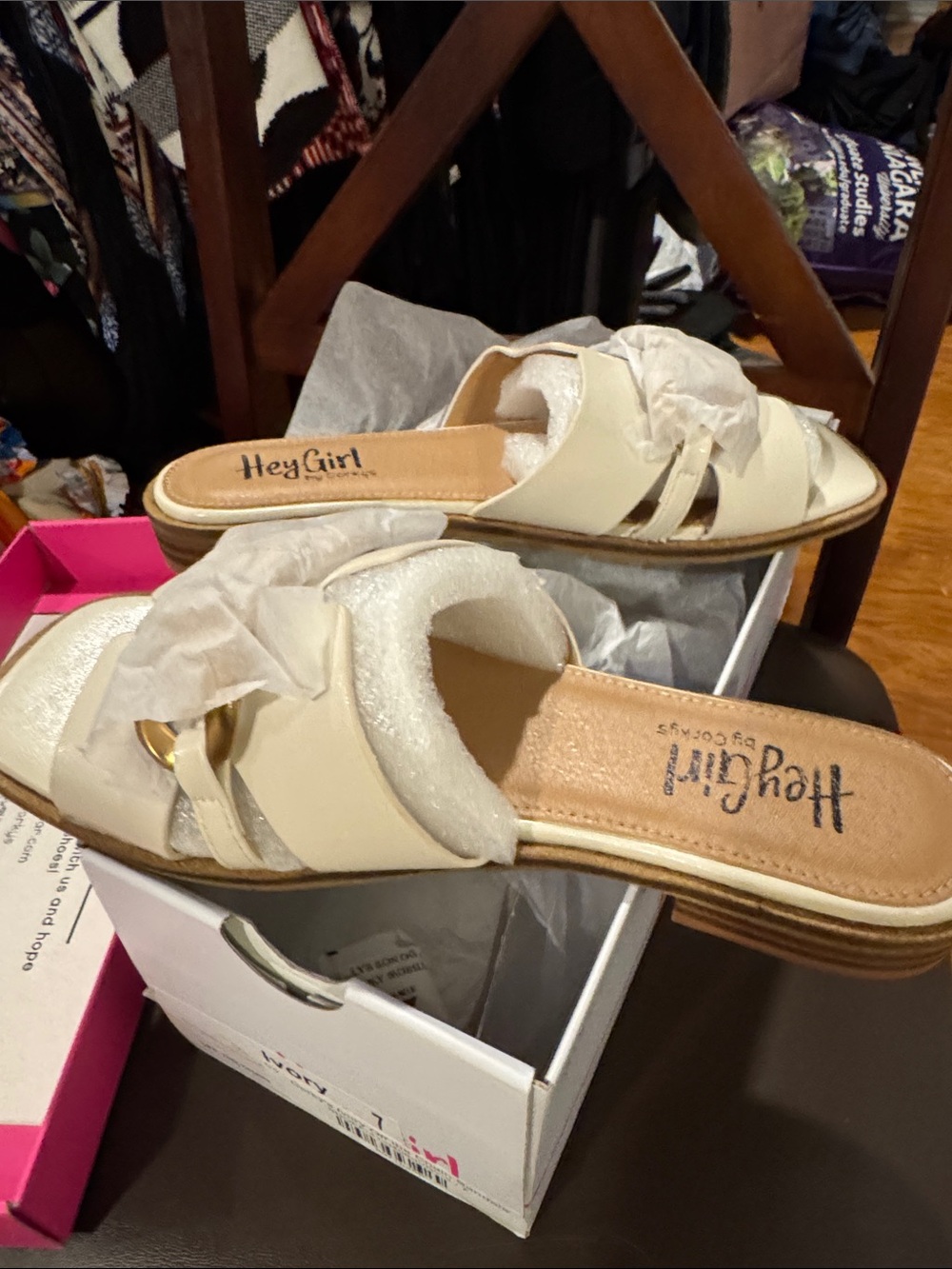 Corkys Cream Crisscross Slide Sandals with Gold Accent